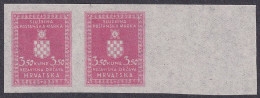 ! Croatia, 1942/3, Official Issue, 3.50 Kn Value, Imperforated Proof Printed On Pelure (very Thin) Paper In Pair - Croazia