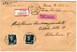 Norwegen 1933, MeF 2x40 öre Auf Gesiegeltem Wert Brief V. Elverum N. Dänemark - Storia Postale