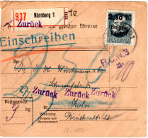 Bayern 1920, EF 2,50/2 Mk. Auf Einschreiben Retour Paketkarte Nürnberg - Köln - Covers & Documents