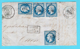 FRANCE 4 Stamps Napoleon Empire On Piece 1869 Lisieux Wit Dot Cancel "1738" - 1853-1860 Napoleon III