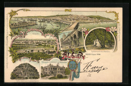 Lithographie Algier, Generalansicht, Vue De Le Port, Grabdenkmal Eines Marabut, Blidah, Palast Des Gouverneurs  - Blida