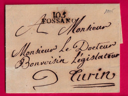 MARQUE CONQUIS 105 FOSSANO ITALIE 1805 POUR TURIN CACHET ARRIVE FRIMAIRE AU DOS LETTRE - 1792-1815: Conquered Departments