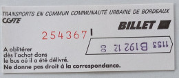 Ticket CGFTE Bordeaux (33/Gironde) - Bus Transports Commun Communauté Urbaine Bordeaux / Années 90 Ticket Unité Utilisé - Europa