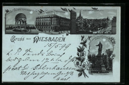 Mondschein-Lithographie Wiesbaden, Tempel Auf Dem Neroberg U. Kaiser Wilhelm-Denkmal Im Vollmondlicht  - Wiesbaden