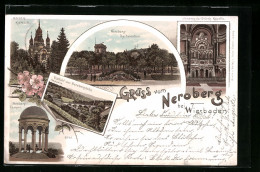 Lithographie Wiesbaden, Griech-Kapelle, Neroberg-Restaurant Und Tempel  - Wiesbaden