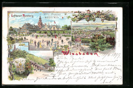 Lithographie Wiesbaden, Hotel-Restaurant Und Weinhandlung Gebrüder Krell, Griechische Kapelle, Weinberg U. Drahtseilb  - Wiesbaden