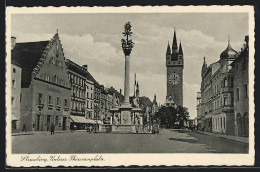 AK Straubing, Unterer Theresienplatz Mit Brunnen Und Geschäften  - Straubing