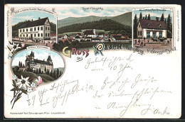 Lithographie Raach A. Hochgebirge B. Gloggnitz, Hotel Zur Schönen Aussicht, Schloss Wartenstein, Geschäftshaus  - Other & Unclassified