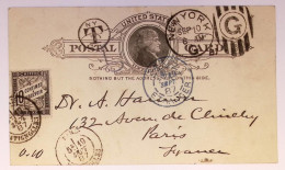 FRANCE TAXE 10C NOIR PARIS 1887 SUR ENTIER USA ETATS UNIS ENTIER ONE CENT POST CARD NEW YORK - 1859-1959 Covers & Documents