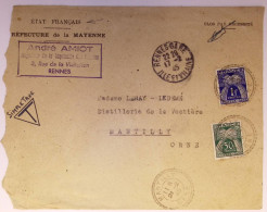 FRANCE TAXE GERBES 50C+1FR FACTEUR BOITIER MANTILLY OISE 21.2.1945 LETTRE ETAT FRANCAIS RENNES GARE SIMPLE TAXE - 1859-1959 Covers & Documents