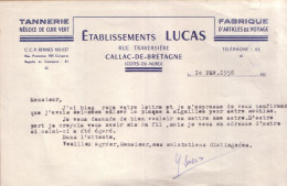 CÔTES D'ARMOR - CALLAC DE BRETAGNE - TANNERIE , NEGOCE CUIR VERT , FABRIQUE ARTICLES VOYAGE - ETS LUCAS  - LETTRE - 1956 - 1950 - ...