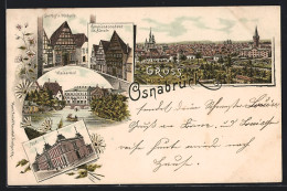 Lithographie Osnabrück, Totalansicht, Gasthof Z. Walhalla, Renaissancehaus I.d. Bierstrasse, Post, Hasepartie  - Osnabrueck