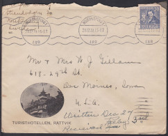 CLCV061 Sweden Old Cover, Norrkoping  Des Moines, Iowa, Dec. 28. 1939 Hotel Rattvik - Lettres & Documents