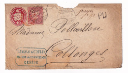 Lettre Genève 1872 Suisse Entier Postal + Helvetia Assise Damond & Coulin Maison De Commission Collonges Ain - Covers & Documents