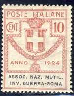 1924 - Enti Parastatali - Assoc. Naz. Mutil. Inv. Guerra-Roma - 10 C. Rosa Nuovo MNH (Sassone N.6) 2 Immagini - Mint/hinged