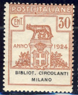 1924 - Enti Parastatali - Bibliot. Circolanti Milano - 30 C. Bruno Nuovo MNH (Sassone N.15) 2 Immagini - Nuevos