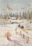 112 - CARTE BONNE ANNEE . PERSONNAGES PONT RIVIERE MAISONS SAPINS PAYSAGE ENNEIGE . DENTELEE . R2711 - New Year