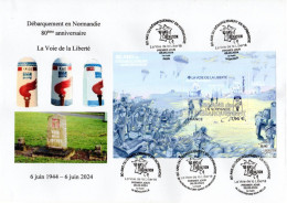 80 D DAY Avec 5 Cachets Premier Jour Du 6 Juin 2024 - Commemorative Postmarks