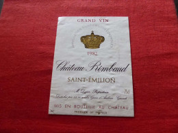 E-441 , ETIQUETTE , SAINT-EMILION, Château RIMBAUD 1982, Grand Vin - Bordeaux