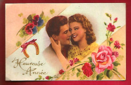 CP Romantique Heureuse Année - Ed Photochrom 203 - Couple Amoureux Années 30-40 Fleurs Fer à Cheval ... - New Year