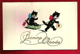 CP Bonne Année - Chat Noir Cat Caisse à Roulettes Lampions ... écrite En Morse ?? Qui Traduira ?? - New Year