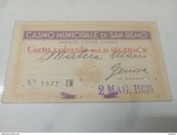 1936 CASINO MUNICIPALE DI SAN REMO - Cartes De Membre