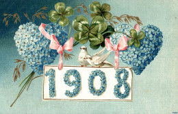 ANNO DATA 1908 - YEAR DATE 1908 - Quadrifoglio, Cloverleaf, Trèfle - Cuori - Rilievo, Gaufré, Embossed - Scritta - #013 - New Year