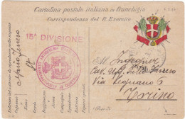 ITALIA - REGNO - FRANCHIGIA - POSTA MILITARE N° 15 DIVIS.- VIAGGIATA PER TORINO - 1916 - Franchigia