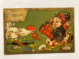 CARTOLINA AUGURALE BUONA PASQUA ILLUSTRATA DA PIATTOLI BAMBINO GALLO 1921 - Pâques