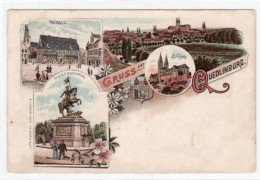 39010991 - Lithographie Quedlinburg Mit Rathaus, Gesamtansicht, Schloss Und Siegesdenkmal Gelaufen Und Bahnpoststempel  - Other & Unclassified