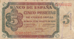 CRBS0777 BILLETE ESPAÑA 5 PESETAS 1938 MBC  - Altri & Non Classificati