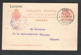 SPANIEN 1911, Postkarte Mit Top-Stempel "SEVILLA" Nach Triest, Destination ! (L2478) - 1850-1931