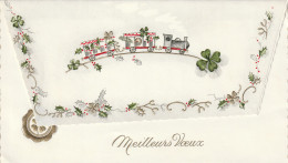 R - CARTE  MEILLEURS VOEUX EN FORME ENVELOPPE . PETIT TRAIN HOUE TREFLES A 4 FEUILLES GUI - New Year