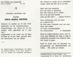 Zuster  Anna Maria Peeters Geb Te Londen 16 Mei 1916 Overl Te Reet 16 Juni 1996 Boom - Other & Unclassified