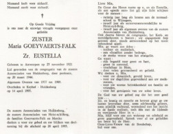 Zuster  Maria Goeyvaerts-Falk Geb Antwerpen 25 Nov 1921 Overl Te Keyhof Huldenberg 14 April 1995 - Other & Unclassified