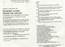Moeder Louise Geb Gooik 21 Mei 1910 Overl De Pinte 4 Nov 1994 Gent - Other & Unclassified