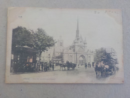 CPA -  AU PLUS RAPIDE  - PARIS - EGLISE SAINT LAURENT - ANIMEE - FIACRES CHEVAUX -  VOYAGEE TIMBREE 1902 - Autres Monuments, édifices