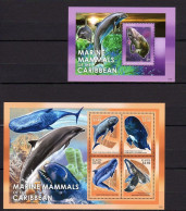 St Kitts - 2014 - Marine Mammals Of Caribbean - Whales - Yv 1614/17 + Bf 137 - Ballenas