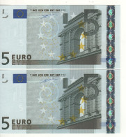 2 X 5 EURO  "S"  ITALY  Firma Duisenberg   J 001 H5 Consecutive Numbers   /  FDS - UNC - 5 Euro