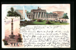 Vorläufer-Lithographie Berlin, 1895, Brandenburger Tor, Siegessäule  - Dierentuin