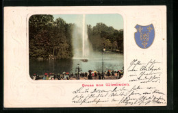 Präge-AK Wiesbaden, Promenade Am Wasser Mit Springbrunnen Und Publikum, Wappen  - Wiesbaden