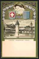 Lithographie Luzern, Wasserthurm Gütsch Im Passepartout-Rahmen, Wappen  - Luzern