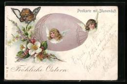 Lithographie Häupter Von Osterengeln Mit Ei Und Blüten  - Angels