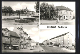 AK Groitzsch / Sa., Platz Des Friedens, Blick Zur Linden-Drogerie, Neubaugebiet  - Andere & Zonder Classificatie