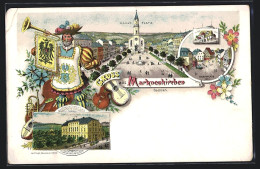 Lithographie Markneukirchen /Sachsen, Schützenhaus, Marktplatz, Kirche  - Markneukirchen