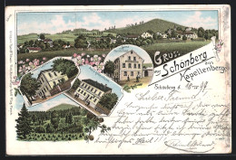 Lithographie Schönberg / Vogtl., Gasthof Zum Kappellenberg, Schwabs. Logishaus, Post U. Gemeindeamt  - Andere & Zonder Classificatie