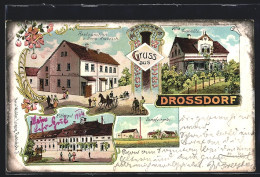 Lithographie Drossdorf / Groitzsch, Restaurant Hermann Kratzsch, Villa Trummlitz, Rittergut, Dampfziegelei  - Andere & Zonder Classificatie